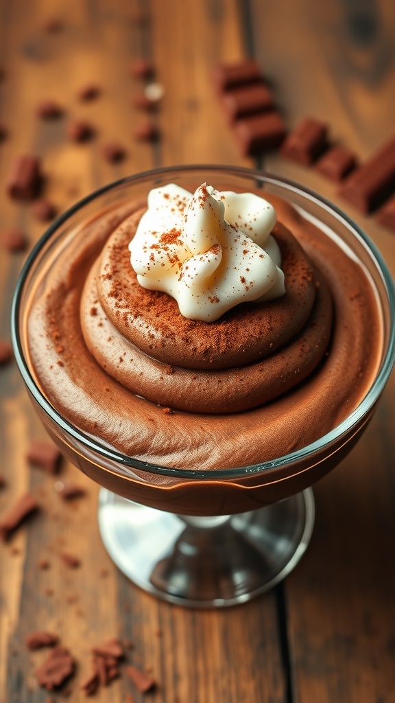 Rich chocolate mousse in a glass dish topped with whipped cream and cocoa powder on a rustic table.